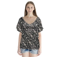 Modern Tribal Silver Ornate Pattern Print V-neck Flutter Sleeve Top