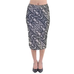 Modern Tribal Silver Ornate Pattern Print Velvet Midi Pencil Skirt