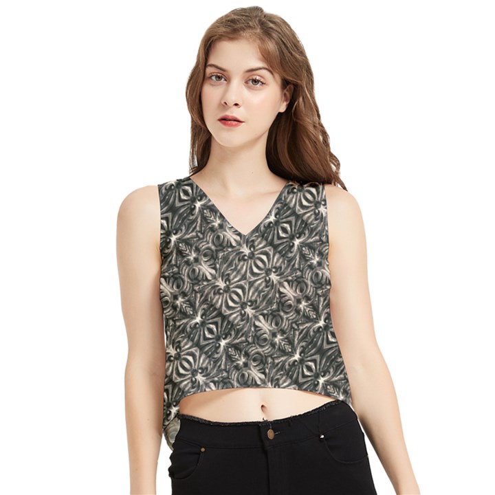 Modern Tribal Silver Ornate Pattern Print V-Neck Cropped Tank Top