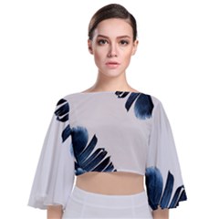 Blue Banana Leaves Tie Back Butterfly Sleeve Chiffon Top