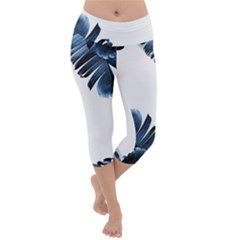 Blue Banana Leaves Lightweight Velour Capri Yoga Leggings by goljakoff