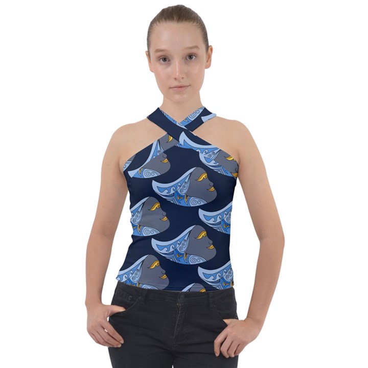 Queen Fish Doodle Art Cross Neck Velour Top