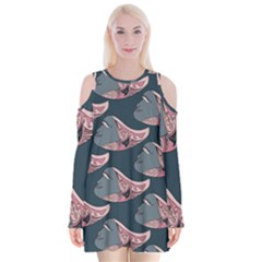 Doodle Queen Fish Pattern Velvet Long Sleeve Shoulder Cutout Dress by tmsartbazaar