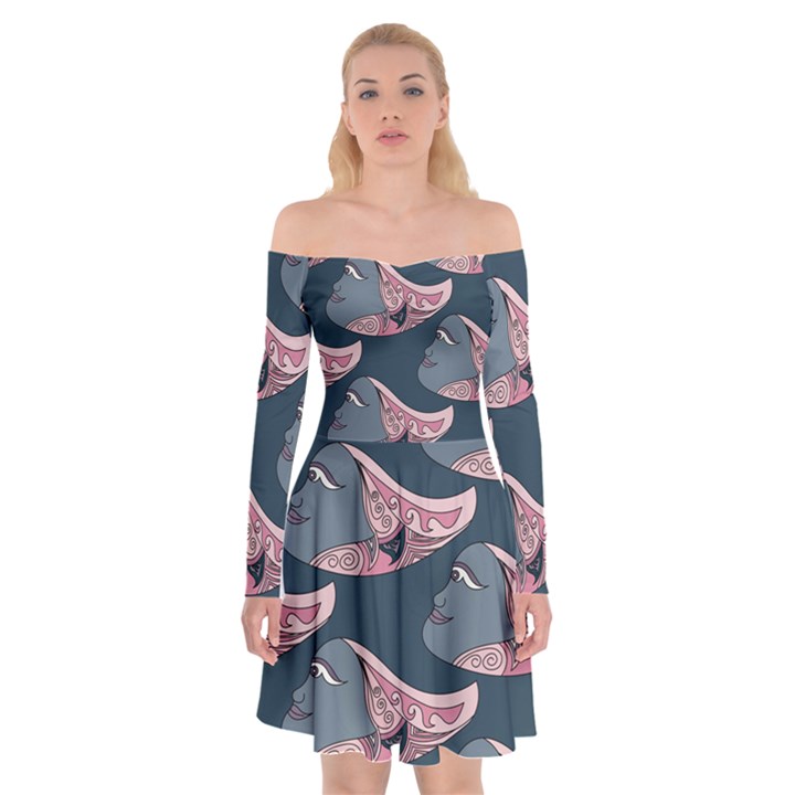 Doodle Queen Fish Pattern Off Shoulder Skater Dress