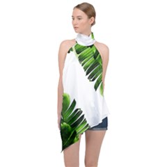 Green Banana Leaves Halter Asymmetric Satin Top by goljakoff