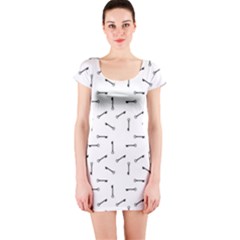 Antique Iron Key Graphic Silhouette Motif Pattern Short Sleeve Bodycon Dress