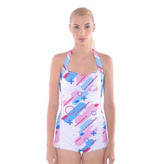 Abstract Geometric Pattern  Boyleg Halter Swimsuit  by brightlightarts