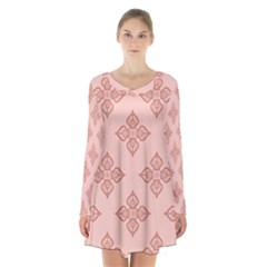 Pattern Floral Design Peach Long Sleeve Velvet V-neck Dress