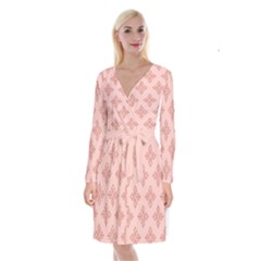 Pattern Floral Design Peach Long Sleeve Velvet Front Wrap Dress