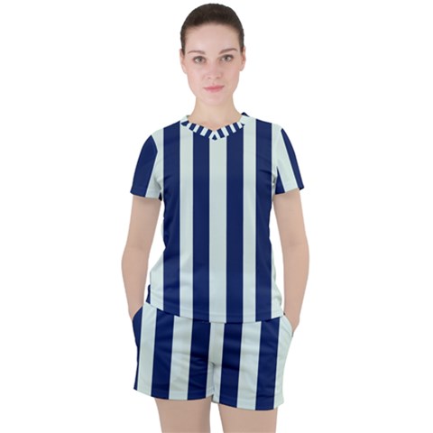 Navy In Vertical Stripes Women s Tee And Shorts Set by Janetaudreywilson