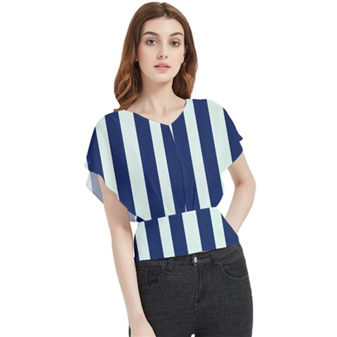 Navy In Vertical Stripes Butterfly Chiffon Blouse by Janetaudreywilson