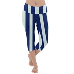 Navy In Vertical Stripes Lightweight Velour Capri Yoga Leggings by Janetaudreywilson