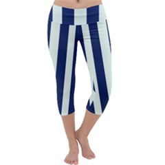 Navy In Vertical Stripes Capri Yoga Leggings by Janetaudreywilson