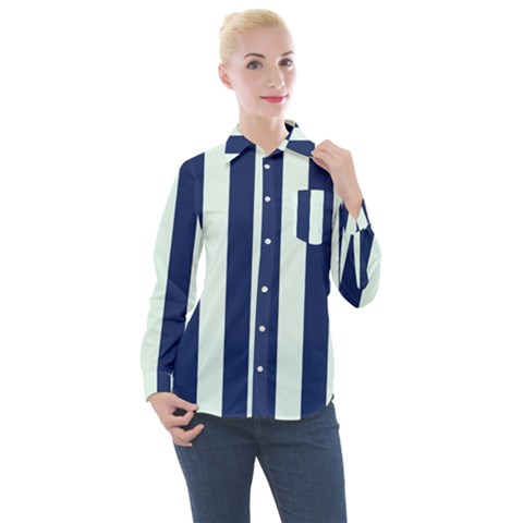 Navy In Vertical Stripes Women s Long Sleeve Pocket Shirt by Janetaudreywilson