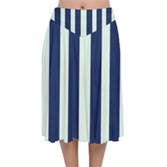 Navy In Vertical Stripes Velvet Flared Midi Skirt by Janetaudreywilson