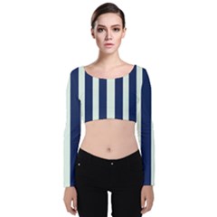 Navy In Vertical Stripes Velvet Long Sleeve Crop Top by Janetaudreywilson