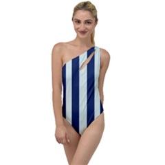 Navy In Vertical Stripes To One Side Swimsuit by Janetaudreywilson