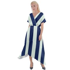 Navy In Vertical Stripes Cross Front Sharkbite Hem Maxi Dress