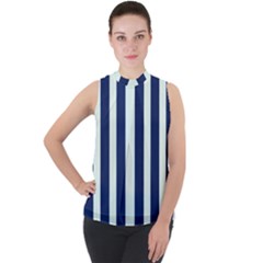 Navy In Vertical Stripes Mock Neck Chiffon Sleeveless Top by Janetaudreywilson