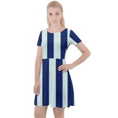 Navy In Vertical Stripes Cap Sleeve Velour Dress 