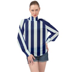 Navy In Vertical Stripes High Neck Long Sleeve Chiffon Top by Janetaudreywilson