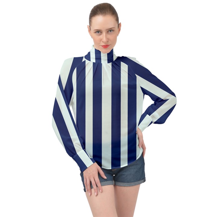 Navy in Vertical Stripes High Neck Long Sleeve Chiffon Top