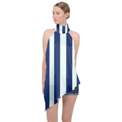 Navy In Vertical Stripes Halter Asymmetric Satin Top by Janetaudreywilson