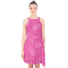 Abstract Summer Pink Pattern Halter Collar Waist Tie Chiffon Dress