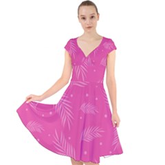 Abstract Summer Pink Pattern Cap Sleeve Front Wrap Midi Dress