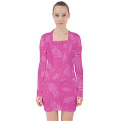 Abstract Summer Pink Pattern V-neck Bodycon Long Sleeve Dress