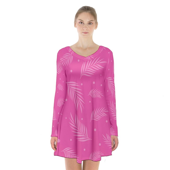 Abstract Summer Pink Pattern Long Sleeve Velvet V-neck Dress