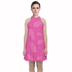 Abstract Summer Pink Pattern Velvet Halter Neckline Dress 