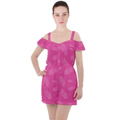 Abstract Summer Pink Pattern Ruffle Cut Out Chiffon Playsuit