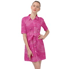 Abstract Summer Pink Pattern Belted Shirt Dress