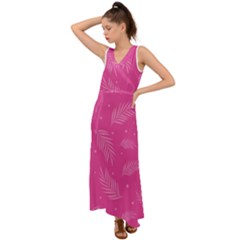 Abstract Summer Pink Pattern V-Neck Chiffon Maxi Dress