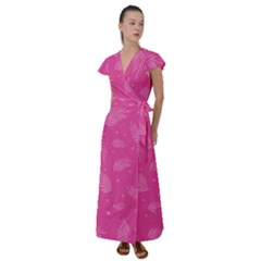 Abstract Summer Pink Pattern Flutter Sleeve Maxi Dress