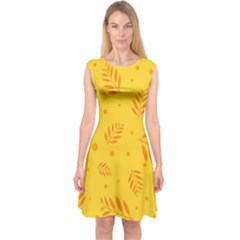 Abstract Yellow Floral Pattern Capsleeve Midi Dress