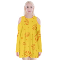 Abstract Yellow Floral Pattern Velvet Long Sleeve Shoulder Cutout Dress