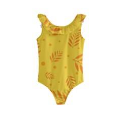 Abstract Yellow Floral Pattern Kids  Frill Swimsuit by brightlightarts