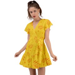 Abstract Yellow Floral Pattern Flutter Sleeve Wrap Dress by brightlightarts