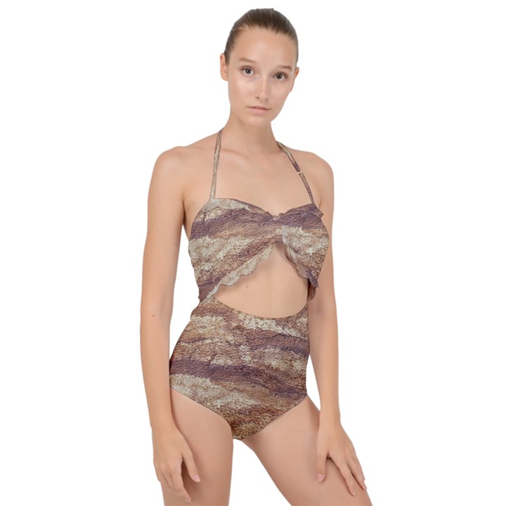 Grunge Surface Print Scallop Top Cut Out Swimsuit