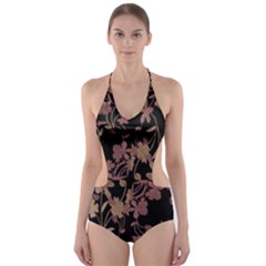 Dark Floral Ornate Print Cut-out One Piece Swimsuit by dflcprintsclothing