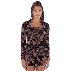 Dark Floral Ornate Print Long Sleeve Hooded T-shirt