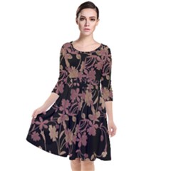 Dark Floral Ornate Print Quarter Sleeve Waist Band Dress