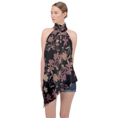 Dark Floral Ornate Print Halter Asymmetric Satin Top by dflcprintsclothing