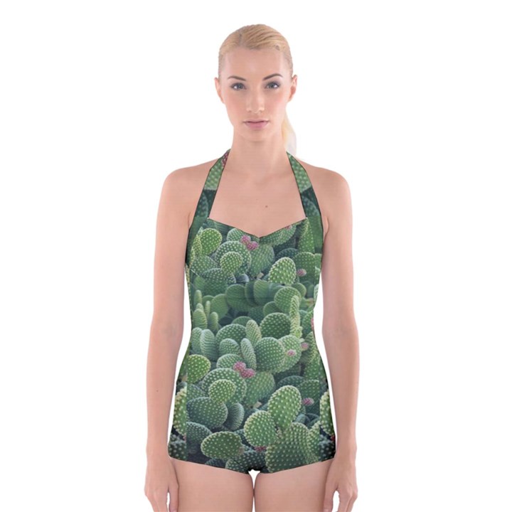 Green Cactus Boyleg Halter Swimsuit 