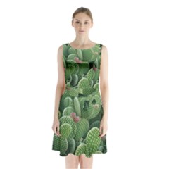 Green Cactus Sleeveless Waist Tie Chiffon Dress by Sparkle