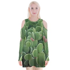 Green Cactus Velvet Long Sleeve Shoulder Cutout Dress by Sparkle