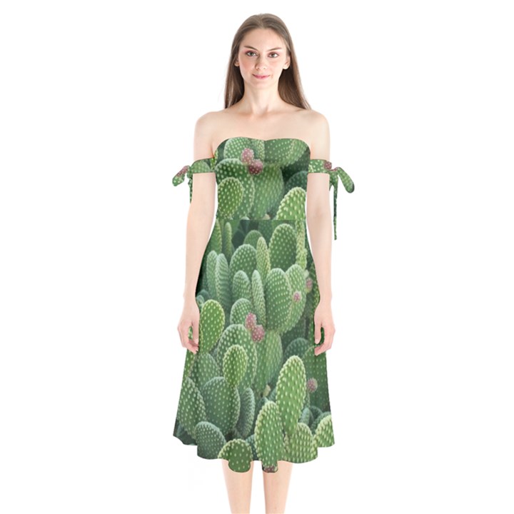 Green Cactus Shoulder Tie Bardot Midi Dress