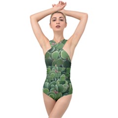 Green Cactus Cross Front Low Back Swimsuit by Sparkle